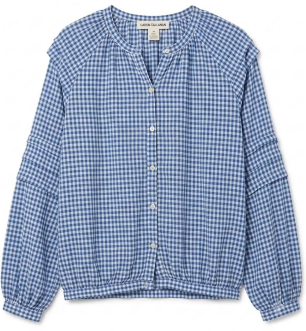Caron Callahan womens medium cobalt blue gingham shirt tencel cotton peasant top